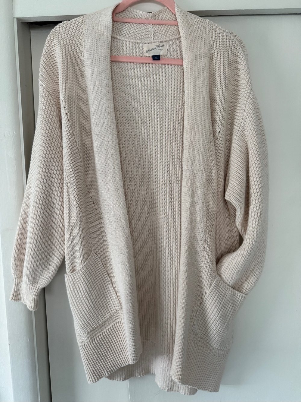 UNIVERSAL THREAD LONG KNIT OPEN CARDIGAN IN CREAM WITH POCKETS SIZE XS